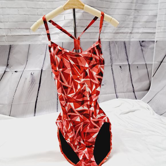 NWT Arena Flou Red White Shattered Glass Challenge Back 1 piece swimsuit US40 - Picture 1 of 13